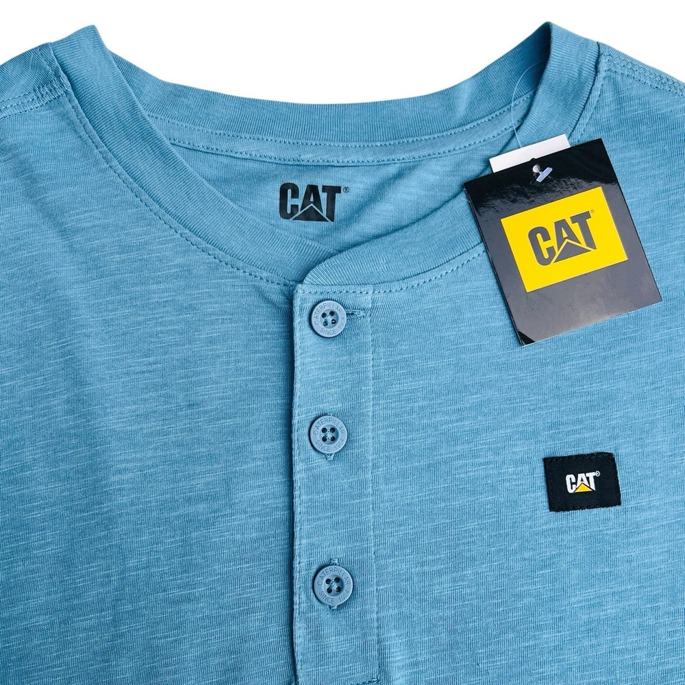 CAT Caterpillar Mens Workwear Henley Blue Short Sleeve T Shirt Size Small